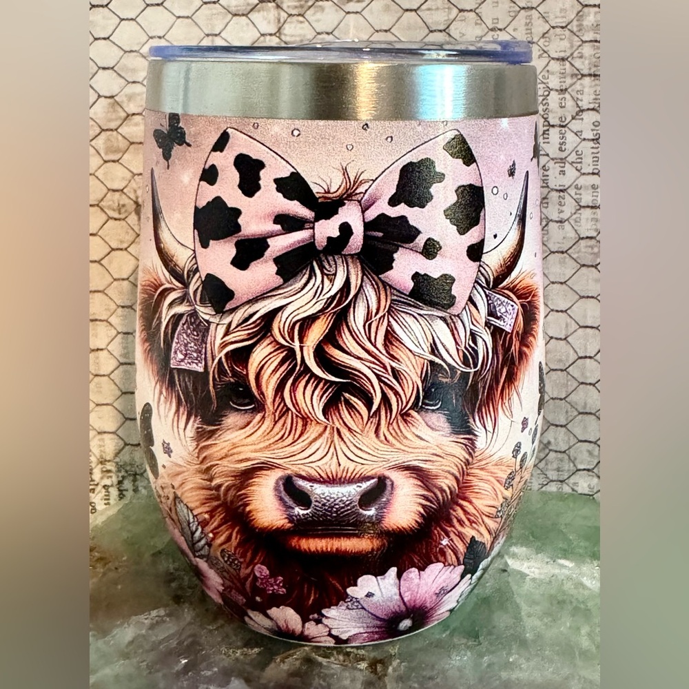 New Highland Cow w/ Animal Print Bow Pink Metal Travel Mug Cup Tumbler 12oz